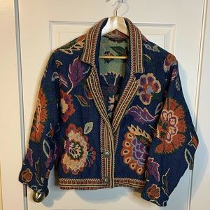 VTG ORVIS rustic blue floral tapestry / blanket 2-button jacket sz L (?) *RARE*